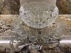 VTG Mid Century L E Smith Daisy & Button Saw Edge Glass Punch Bowl Set 12 Cups