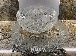 VTG Mid Century L E Smith Daisy & Button Saw Edge Glass Punch Bowl Set 12 Cups