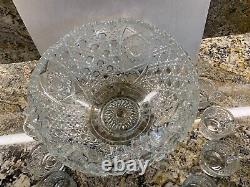 VTG Mid Century L E Smith Daisy & Button Saw Edge Glass Punch Bowl Set 12 Cups