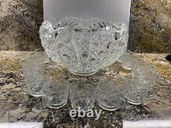 VTG Mid Century L E Smith Daisy & Button Saw Edge Glass Punch Bowl Set 12 Cups