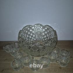 VTG Mid Century L E Smith Daisy & Button Saw Edge Glass Punch Bowl Set of 12 Cups