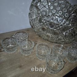 VTG Mid Century L E Smith Daisy & Button Saw Edge Glass Punch Bowl Set of 12 Cups