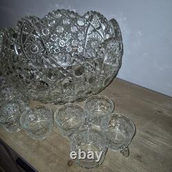 VTG Mid Century L E Smith Daisy & Button Saw Edge Glass Punch Bowl Set of 12 Cups