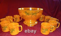 VTG Peach Luster Punch Bowl Stand & Mugs (10) Tom & Jerry Fire King