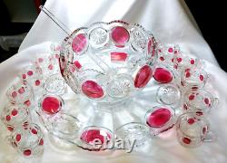 VTG TIFFIN Moon and Stars Pattern Glass PUNCH BOWL Set Ladle-12 cups-Glass Tray