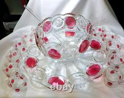 VTG TIFFIN Moon and Stars Pattern Glass PUNCH BOWL Set Ladle-12 cups-Glass Tray