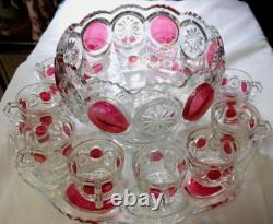 VTG TIFFIN Moon and Stars Pattern Glass PUNCH BOWL Set Ladle-12 cups-Glass Tray