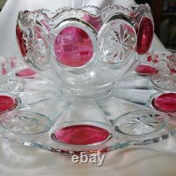 VTG TIFFIN Moon and Stars Pattern Glass PUNCH BOWL Set Ladle-12 cups-Glass Tray