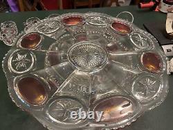 VTG TIFFIN Moon and Stars Pattern Glass PUNCH BOWL With Ladle 14cups Glass Tray
