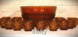 VTG Tiara Indiana Glass Amber Sandwich Pattern Punch Bowl 12 Cups