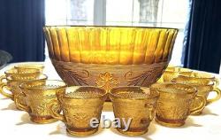 VTG Tiara Indiana Glass Amber Sandwich Pattern Punch Bowl 12 Cups Ladle OrgBox