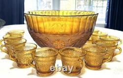 VTG Tiara Indiana Glass Amber Sandwich Pattern Punch Bowl 12 Cups Ladle OrgBox