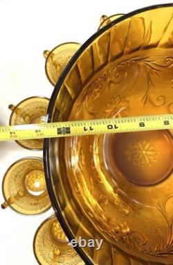 VTG Tiara Indiana Glass Amber Sandwich Pattern Punch Bowl 12 Cups Ladle OrgBox