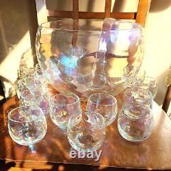 VTG West Virginia Glass Iridescent Drape Loop Optic Punch Bowl SET 12 Glasses