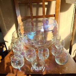 VTG West Virginia Glass Iridescent Drape Loop Optic Punch Bowl SET 12 Glasses