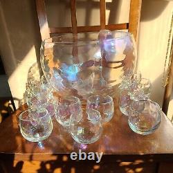 VTG West Virginia Glass Iridescent Drape Loop Optic Punch Bowl SET 12 Glasses