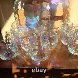 VTG West Virginia Glass Iridescent Drape Loop Optic Punch Bowl SET 12 Glasses