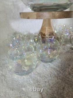VTG West Virginia Glass Iridescent Drape Loop Optic Punch Bowl SET 12 Glasses