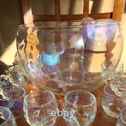 VTG West Virginia Glass Iridescent Drape Loop Optic Punch Bowl SET 12 Glasses