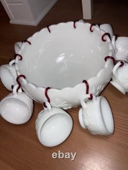 VTG Westmoreland Milk Glass Punch Bowl 11 Cups With Hooks Grape / Pineapple Motif
