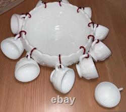 VTG Westmoreland Milk Glass Punch Bowl 11 Cups With Hooks Grape / Pineapple Motif