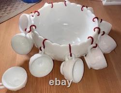 VTG Westmoreland Milk Glass Punch Bowl 11 Cups With Hooks Grape / Pineapple Motif