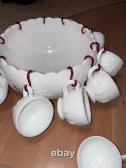 VTG Westmoreland Milk Glass Punch Bowl 11 Cups With Hooks Grape / Pineapple Motif