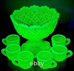 VTG Westmoreland Vaseline Uranium Fan & Feather Mini Punch Bowl Child Set Glows