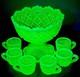VTG Westmoreland Vaseline Uranium Fan & Feather Mini Punch Bowl Child Set Glows