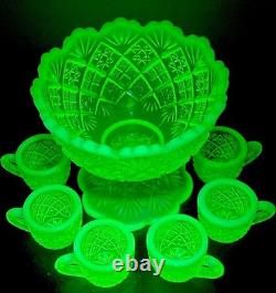 VTG Westmoreland Vaseline Uranium Fan & Feather Mini Punch Bowl Child Set Glows