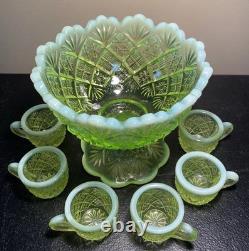 VTG Westmoreland Vaseline Uranium Fan & Feather Mini Punch Bowl Child Set Glows