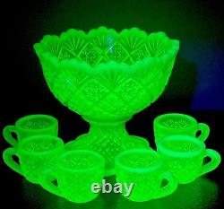 VTG Westmoreland Vaseline Uranium Fan & Feather Mini Punch Bowl Child Set Glows