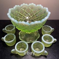 VTG Westmoreland Vaseline Uranium Fan & Feather Mini Punch Bowl Child Set Glows