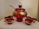 Venetian Murano Glass Punch Bowl Set w Cups 24K Gold Leaf in Stunning Red SIGNED