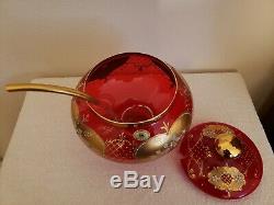 Venetian Murano Glass Punch Bowl Set w Cups 24K Gold Leaf in Stunning Red SIGNED