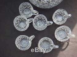 Very Large Superb Quality Crystal Cut Glass Punch Bowl & Seven Cups Glasses