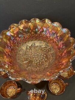 Very Rare Imperial Heavy Grape Marigold Punch Bowl With Base And 5 Cups