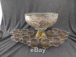 Very Rare Vintage Imperial Glass Gilt Ice Finish Punch Bowl & 12 Cups Free Ship