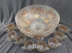 Very Rare Vintage Imperial Glass Gilt Ice Finish Punch Bowl & 12 Cups Free Ship