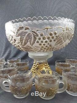 Very Rare Vintage Imperial Glass Gilt Ice Finish Punch Bowl & 12 Cups Free Ship