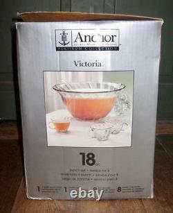 Victoria Punch Bowl Set Service For 8 Anchor Hocking Co Platinum Collection (O)