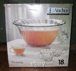 Victoria Punch Bowl Set Service For 8 Anchor Hocking Co Platinum Collection (O)