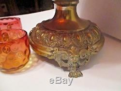 Victorian Amberina Art Glass & Brass Punch Bowl Antique Tureen with 3 Punch Cups