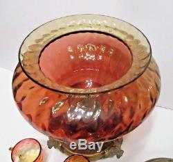 Victorian Amberina Art Glass & Brass Punch Bowl Antique Tureen with 3 Punch Cups