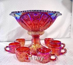 Vintage 10 Piece Indiana Carnival Glass Sunset Red Heirloom Punch Set