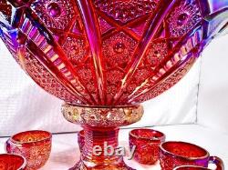 Vintage 10 Piece Indiana Carnival Glass Sunset Red Heirloom Punch Set