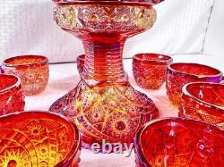 Vintage 10 Piece Indiana Carnival Glass Sunset Red Heirloom Punch Set