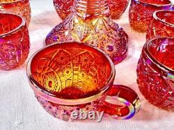 Vintage 10 Piece Indiana Carnival Glass Sunset Red Heirloom Punch Set