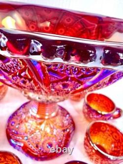 Vintage 10 Piece Indiana Carnival Glass Sunset Red Heirloom Punch Set