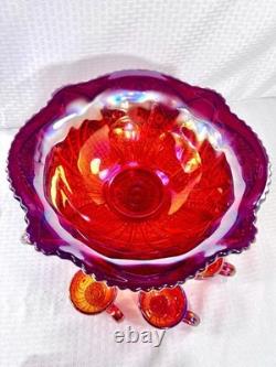 Vintage 10 Piece Indiana Carnival Glass Sunset Red Heirloom Punch Set